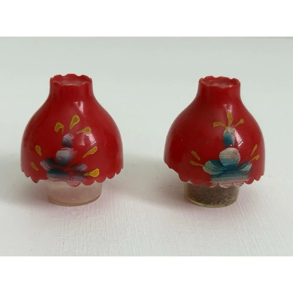 Vintage Mini Oil Lamp Salt Pepper Shakers Red Glass Brass Tone Holder